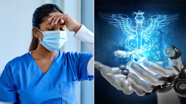Fatigued Medical Practitioner and Artificial Intelligence Symbol